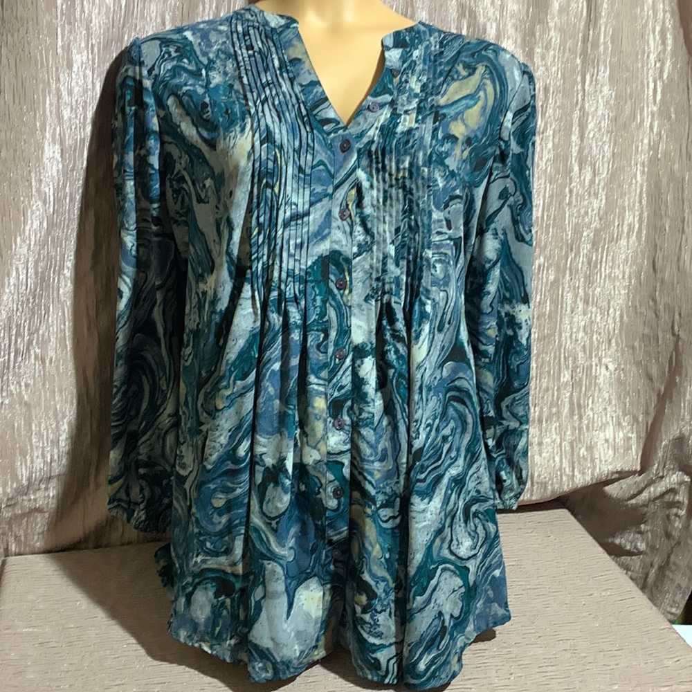 Melissa McCarthy Seven7 Top Blouse Blue Gray Gold 2X